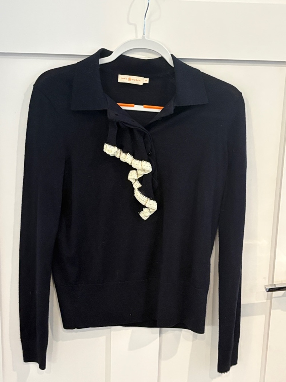 Tory Burch Black Knit Polo Sweater with Cream Ruffle